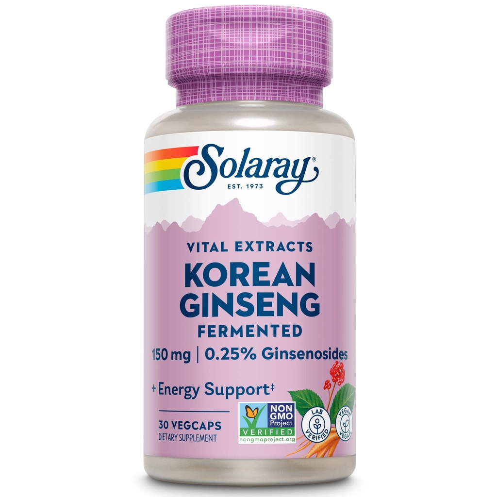 SOLARAY Fermented Korean Ginseng Root Extract | Hälsosam stress, energi och fysisk uthållighet stöd | Vegan, icke-GMO | 30 VegCaps