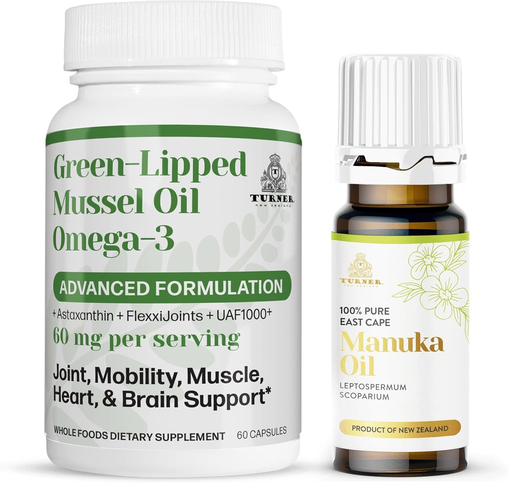 TURNER Nya Zeeland Omega-3 Green Lipped Mussel Oil, 53x högre styrka för Superior Joint Comfort & Mobility, No Fishy Aftertaste, 1 Bottle, 60 Softgels Plus 1 flaska Manuka Oil