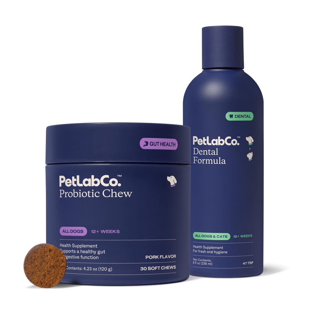 PetLab Co. - Dog Teeth Cleaning & Gut Health Bundle: Dog Dental Formel för färsk andedräkt, hälsosam tänder & tandkött & probiotika för gut hälsa, säsongsallergier, hud och öra jäst