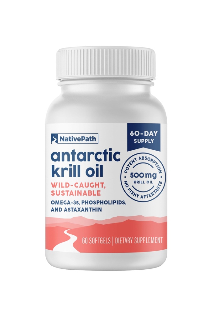 NativePath Antarctic Krill Oil - Wild-Caught Omega 3 Krill Oil 500mg Softgels med EPA, DHA och Astaxanthin - Tillägg för gemensamt, hjärta, hjärna och immunitet - 60 ct - No Fishy Aftertaste