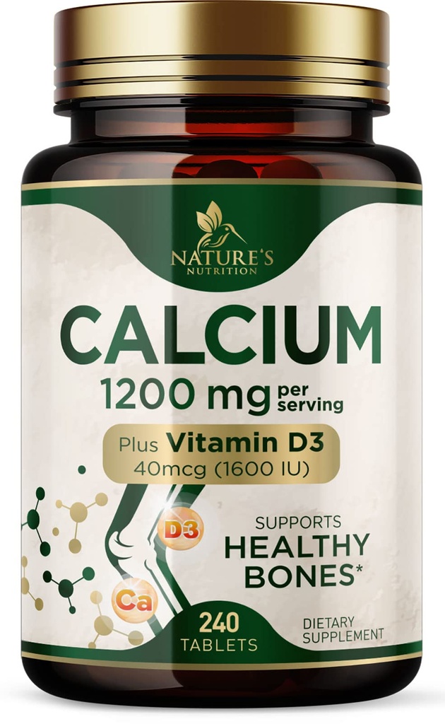 Kalcium 1200 mg med vitamin D3 - Benhälsotillskott, D-vitamin och kalciumtillskott för kvinnor och män - Benstyrka, tänder och immunstöd, naturens kalciumpiller, buteljerade i USA - 240 tabletter