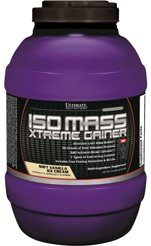 Ultimate Nutrition ISO Mass Xtreme Gainer, Weight Gainer Protein Powder med Kreatin, 60 Grams of Protein, Whey Isolate Protein Powder för Lean Muscle Gain, 10 LBS med 30 portioner, Vanilla Ice Cream