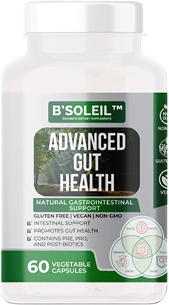 B'SoleilTM Advanced Gut Health Probiotic - Pre, Pro & Post Biotics - Natural Gastrointestinal Support - 60 Vegetable Capsules - Gluten Free, Vegan & Non-GMO Genuine Health Probiotics - 25 miljarder CFU