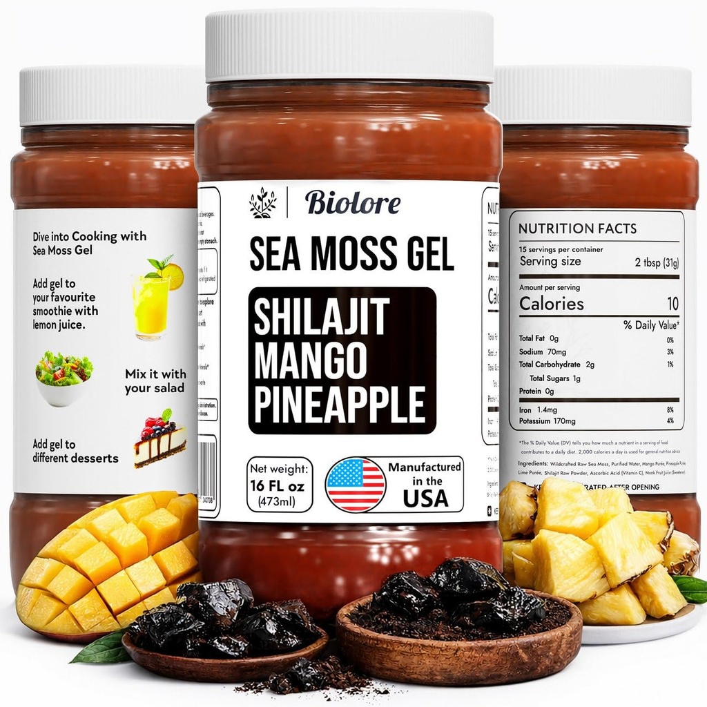 Biolore Wildcrafted Sea Moss Gel med Shilajit - Mango Pineapple 16 oz - smaksatt Sea Moss Gel med viktiga vitaminer och spårmineraler - Vegan Superfood - Made in USA, Gluten-Free, No Added Sugar