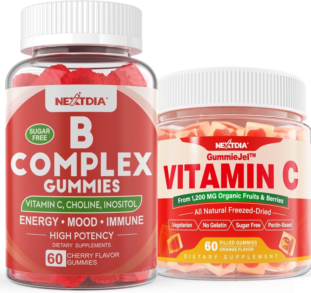 2 Pack Vitamin B Complex Gummies med 2000 mcg Methyl B12, Methyl Folate + 1 Pack Whole Food Vitamin C Gummies