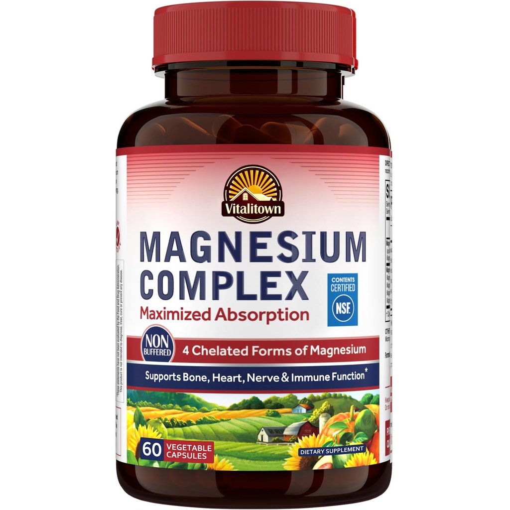 Vitalitown Magnesium Complex Supplement 500mg - Maximerad Absorption NSF Certified Chelated Magnesium Glycinate, Malate, Taurate & Citrate - Vegan Non-GMO för sömn, energi och hjärta 60 Caps