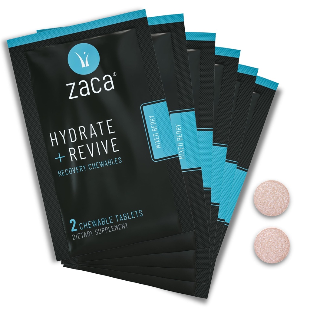 Zaca Recovery Chewable Supplement | Hydrate + Revive | Party, Travel, Exercise & Altitude | Sugar Free & Gluten Free | Mixed Berry, 6 Packets = 12 tabletter