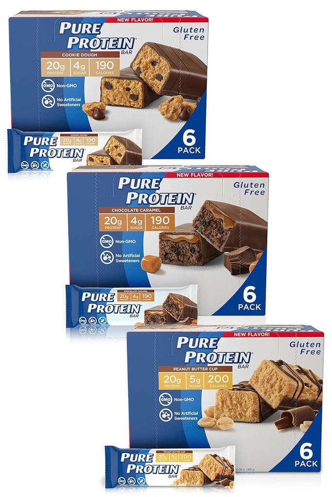 Rena proteinbarer, högprotein, näringsrika snäckor för att stödja energi, låg socker, glutenfri, skuldfri variety pack (Cookie Dough / choc Caramel / Peanut Butter Cup), 1,76 uns, pack 18