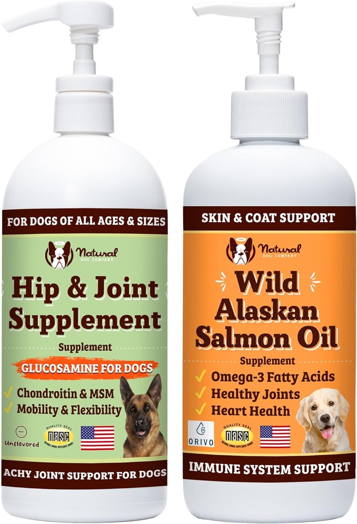 Natural Dog Company 32 oz. Bundle med Wild Alaskan laxolja och flytande glukosamin för hundar, fiskoljetillskott, gemensamt och höftstöd