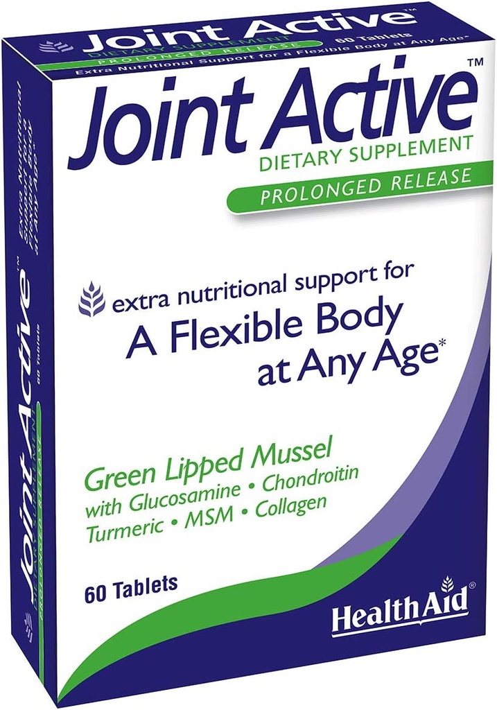 Healthaid Jointactive, 60 Ct, förlängd frisättning, en flexibel kropp vid alla åldrar, grönt Lipped Mussel, med Glukosamin, Chondroitin Tumeric, MSM, Collagen.