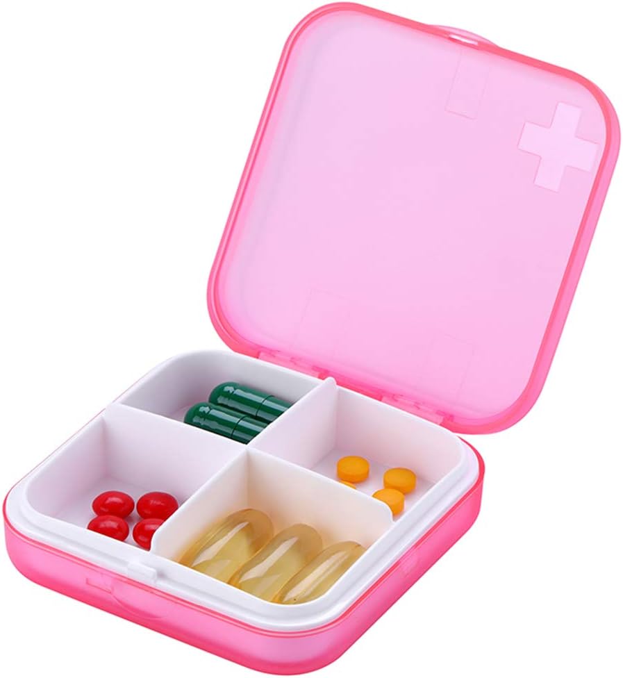 Portable Pill Organizer - Slim Pill Box för Purse eller Travel, Compact Pill Case (4 Compartment, Rosa)