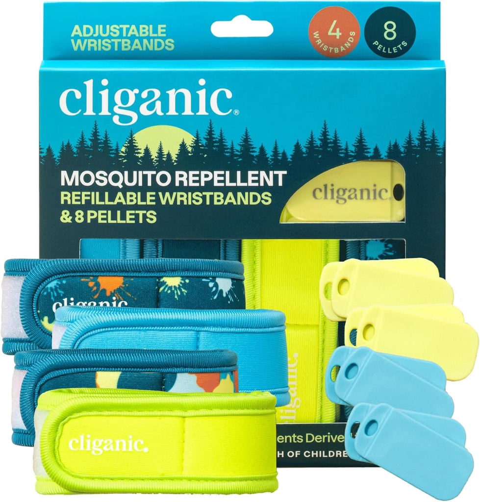Cliganic Mosquito Repellent Pack (4 armband + 8 Refill Pellets) - Justerbar, naturlig DEET-Free, Essential Oil Infused