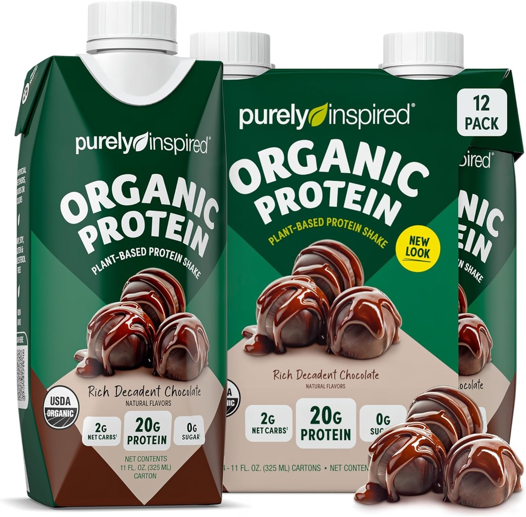 Purely Inspired Ready to Drink Organic Protein Shake, Decadent Chocolate (12 Pack) - Plantbaserad RTD Nutritional Protein Drinks - Zero-Sugar & Gluten-Free Meal Replacement Drink Liquid Protein