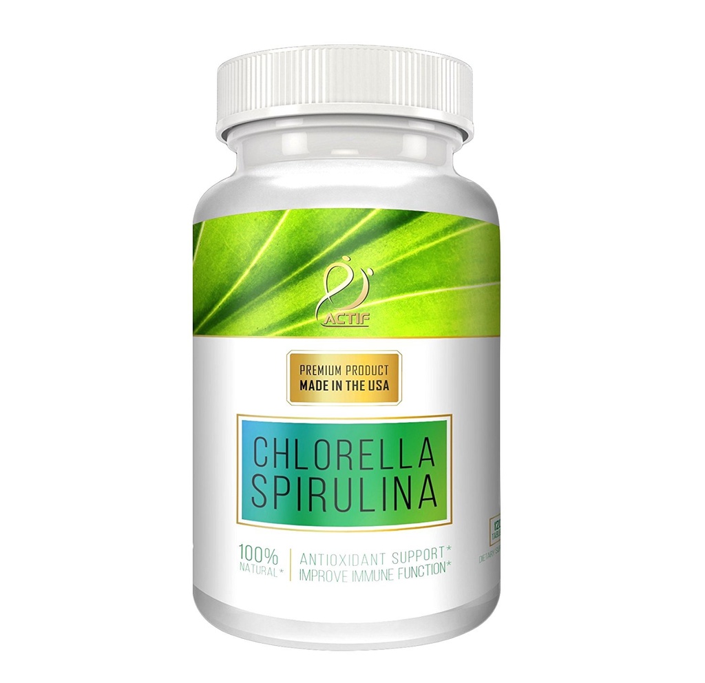 ACTIF 100% Ocean Cleaned Organic Chlorella och Spirulina, Non-GMO, Best Detox och Vegan Diet Supplement, tillverkad i USA - 120 tabletter