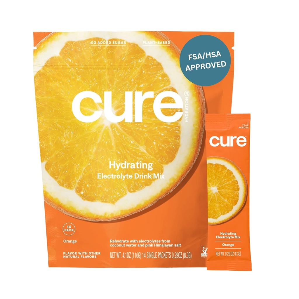 Cure Hydrating Electrolyte Mix | Powder for Dehydration Relief | FSA & HSA Eligible | Made with Coconut Water | No Added Sugar | Vegan | Paleo Friendly | Påse av 14 Packets - Orange