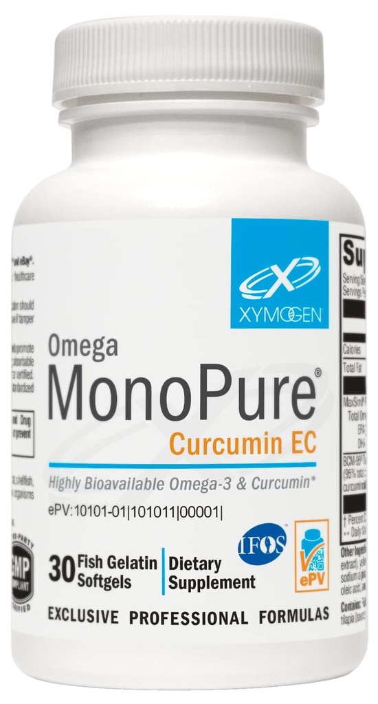 XYMOGEN Omega MonoPure Curcumin EC - Fiskolja med förbättrad DHA EPA Absorption + Turmeric Extract - Omega-3 Supplement för Cytokine Balance Support (30 Softgels)