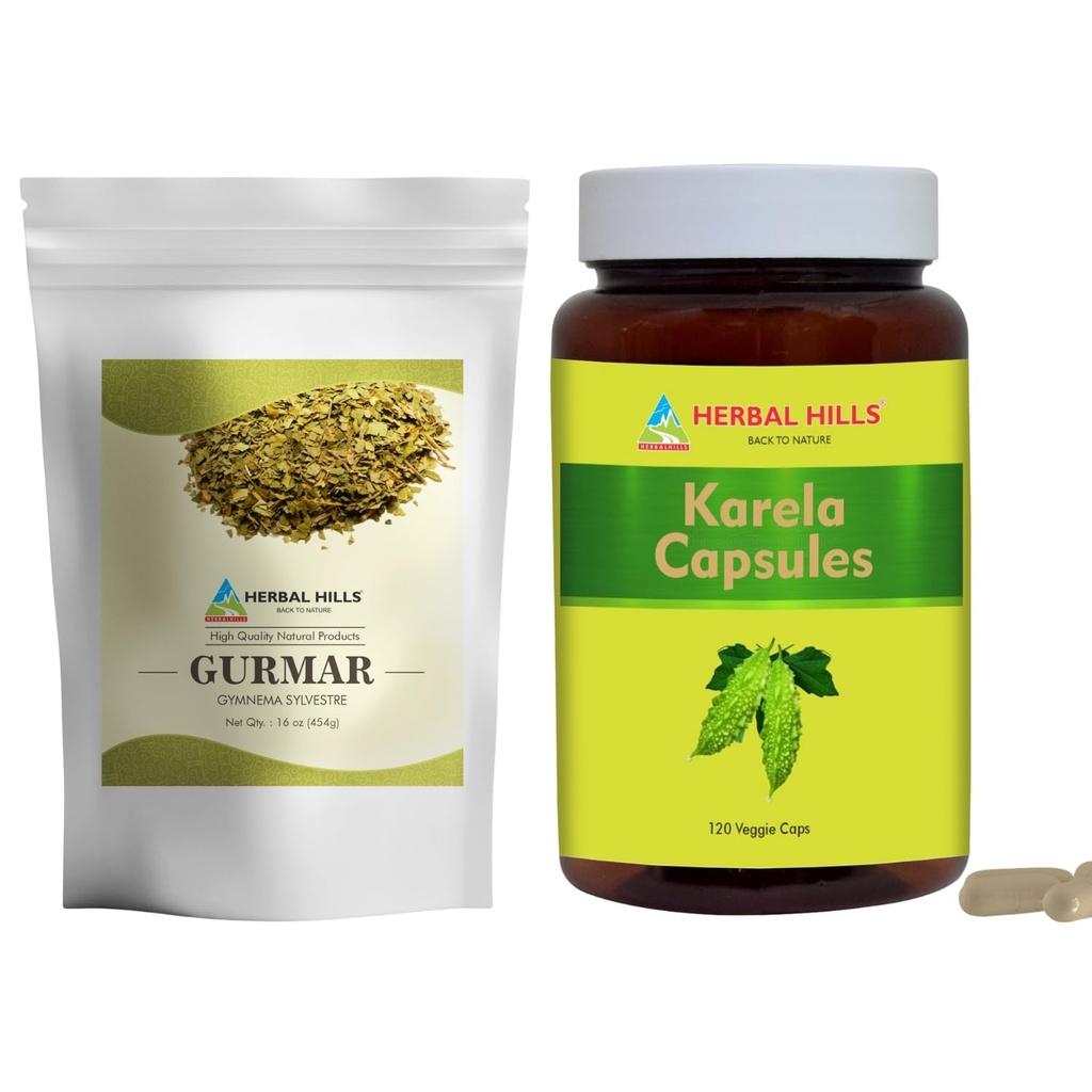 HERBAL HILLS Gurmar Tea Powder och Karela Capsules Pack med 2 Combo