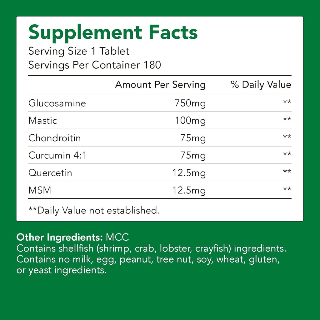 Premium Glukosamin + Chondriotin + MSM + Mastic + Curcumin (750mg) | Bone & Joint Health (1 Bottle-180 Capsules-6mo Supply) | Vitamin för gemensamt stöd | Non-GMO & Gluten Free
