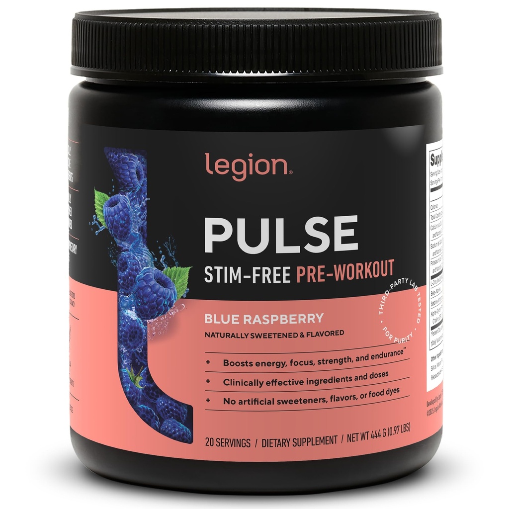 LEGION Pulse Pre Workout Supplement - All Natural Nitric Oxide Preworkout Drink för att öka energi, kreatinfri, naturligt sötad, Beta Alanine, Citrulline, Alpha GPC (Caffeine Free Blue Razz)