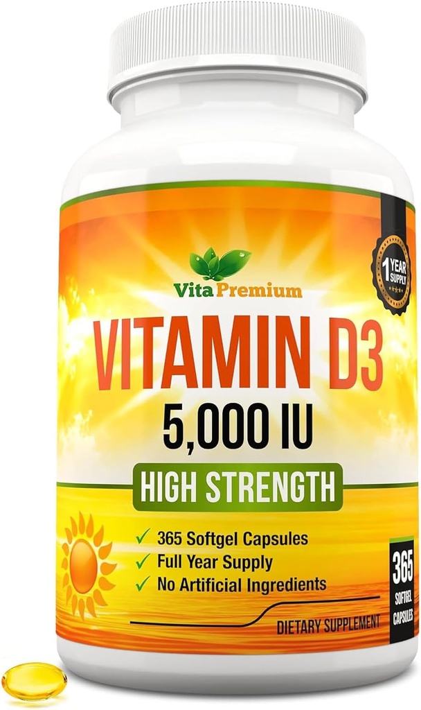 Vitamin D3 5000 IE, 365 Easy-Swallow Softgels, High Strength Vitamin D 5000 IE Supplement - Helårsförsörjning