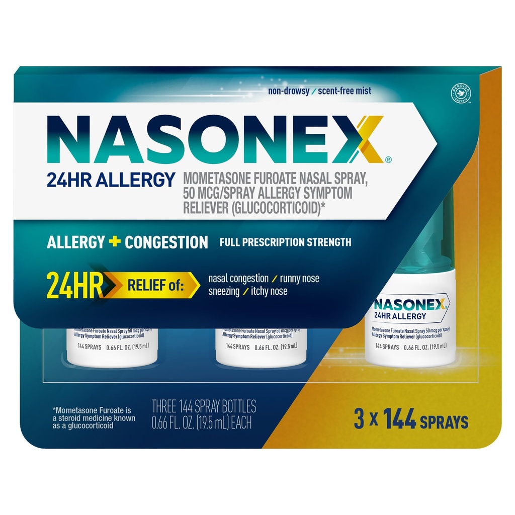 Nasonex 24HR Allergy Nasal Spray, Non-Drowsy, Scent-Free Mist, Allergy Symptoms + Nasal Congestion, Full Prescription Strength, 120 Sprays (3 Pack)