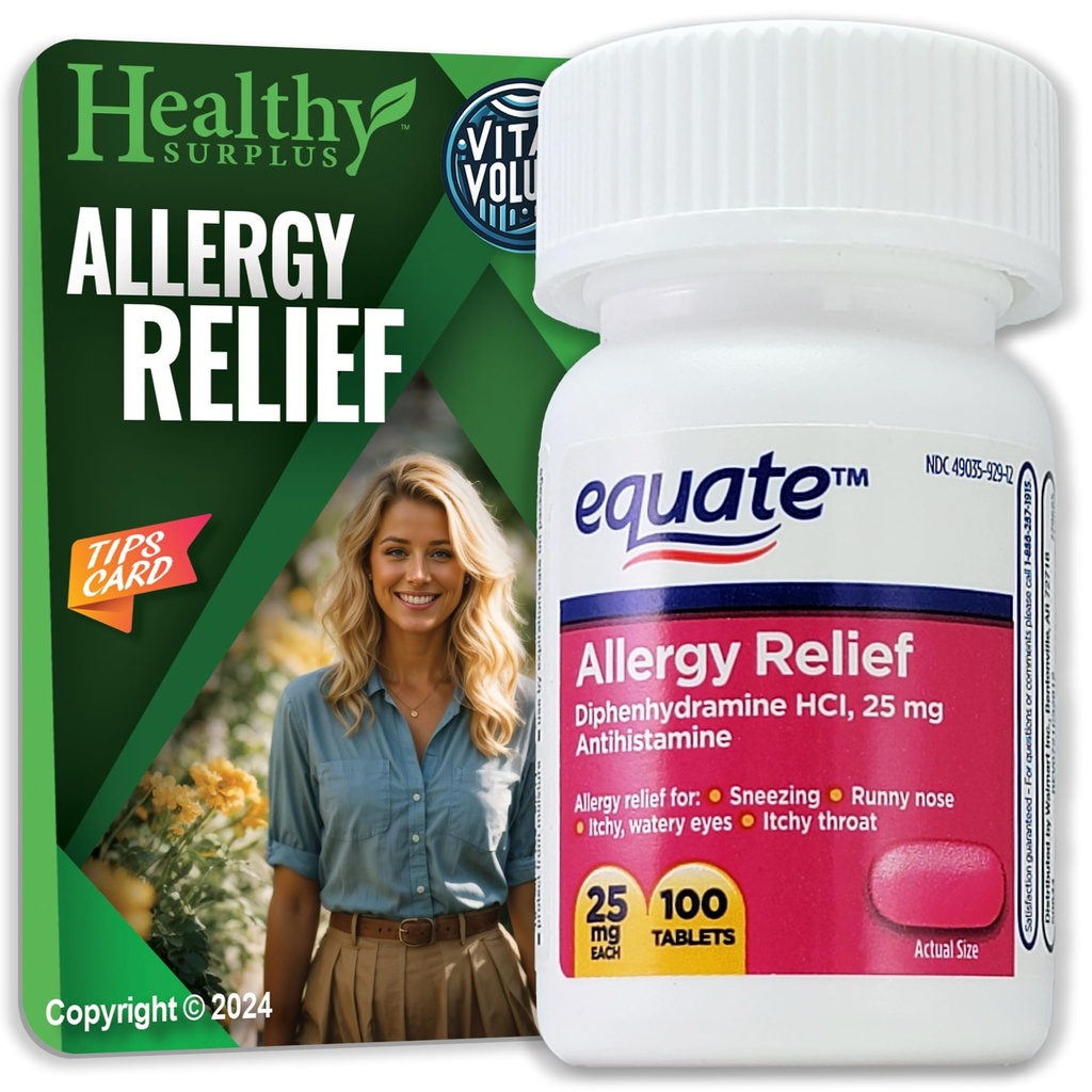 Healthy Surplus® Vital Volumes Tips Card & Equate Allergy Relief Diphenhydramine HCL, 25 mg 100 tabletter Bundle