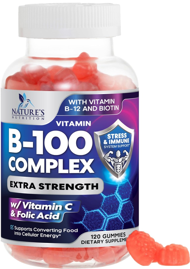 B Komplex Supplement Gummies med vitamin C & Folic Acid, Extra Strength Super Vitamin B Gummy med Niacin, B6, Folic Acid, B12, Biotin, Nature's Energy Immune Support Supplements - 120 Gummies