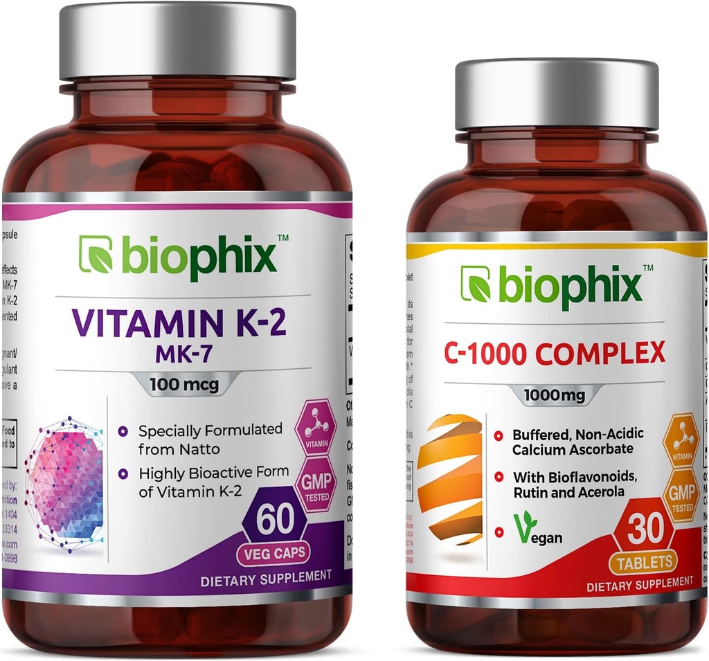 biophix Vitamin K2 MK-7-100 mcg 60 - Gratis vitamin C-1000 30 tabletter - Stöder starka ben immunhälsa