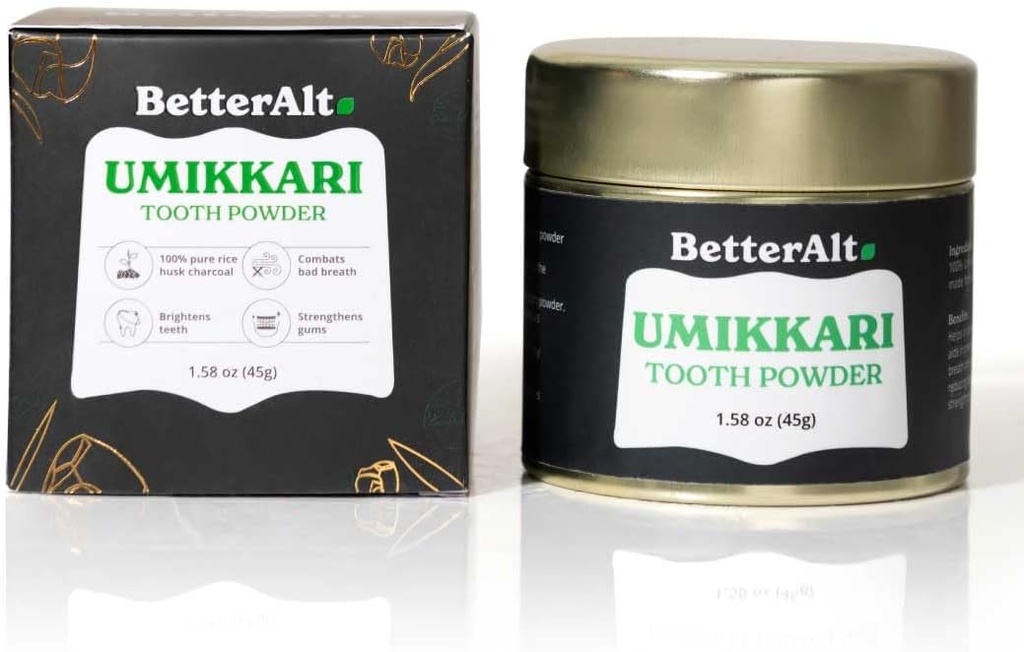 Bättre Alt Umikkari Charcoal Powder 45 g Tillverkad med Rice Husk | med Enamel Safe Formel | Stärker tänder och förhindrar dålig andedräkt | 100% naturlig och kemisk fri