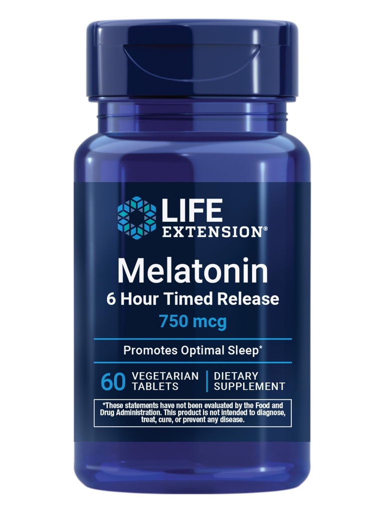 Life Extension Melatonin 6 Hour Timed Release, 750 mcg, Extended-Release Formel för Gentle Sleep Support, Hälsosamma cirkadiska rytmer, Cellular Defense, Gluten-Free, Non-GMO, Vegetarian, 60 tabletter