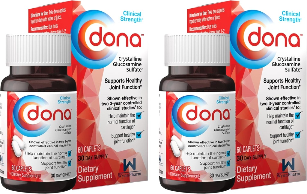 Dona Crystalline Glukosaminsulfat, 750 Mg, gemensamma tilläggspiller för Knee Comfort & Joint Health Support, 750 Mg, 60 Count (2 Pack).