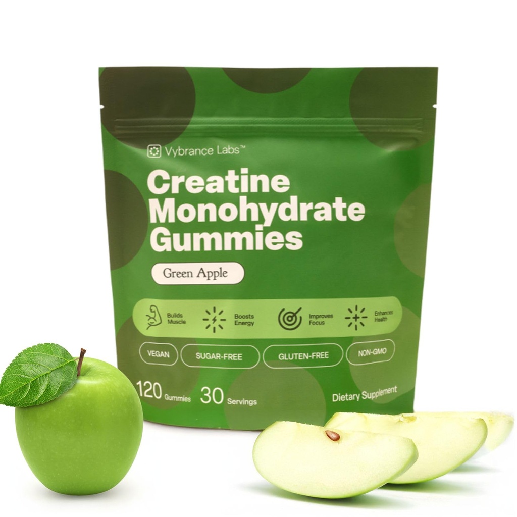 Kreatin Gummies 5g Monohydrat + Taurin & B12 - Sugar-Free, Vegan, Gluten-Free - Grönt Apple - 120 greve (30 portioner) för styrka, energi och fokus