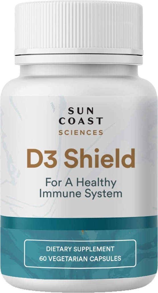 Sun Coast Sciences D3 Shield - Vitamin D3 5000 IE för immunstöd och benhälsa 60 vegetariska kapslar K2 med 180mg Calcium Carbonate Maximum Absorption