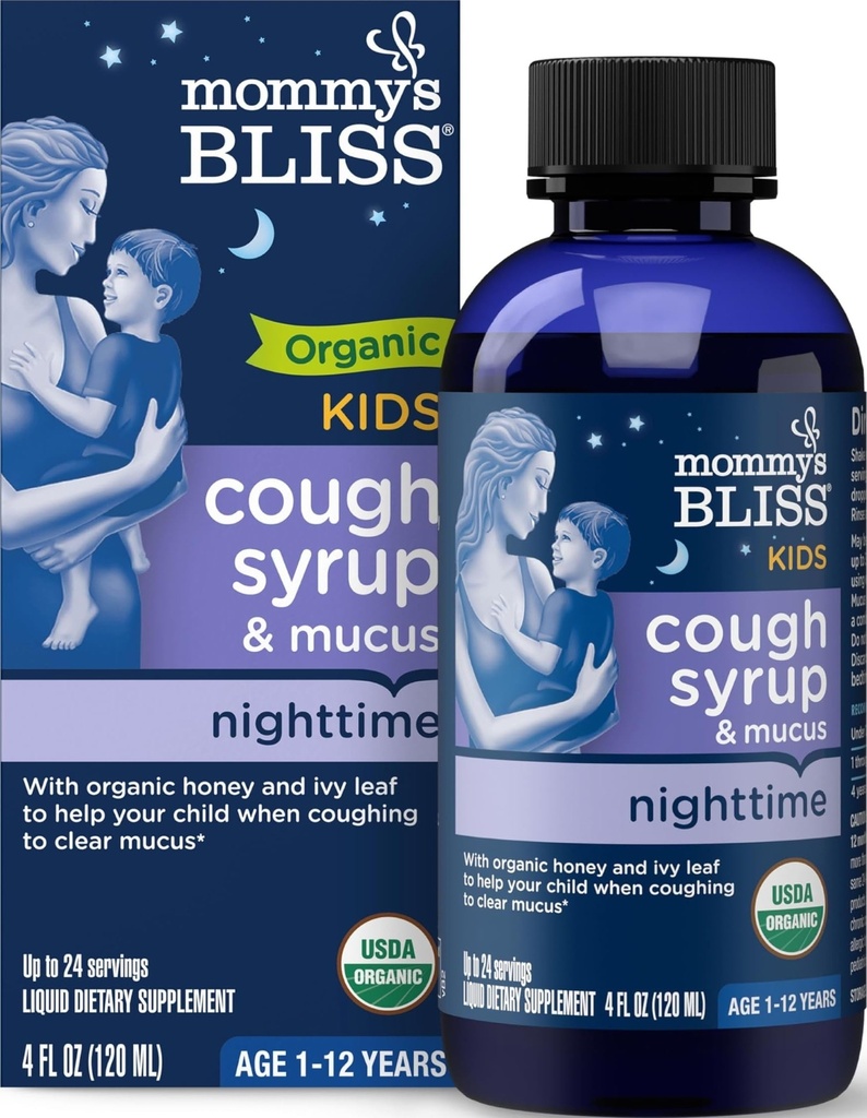 Mommy's Bliss Organic Kids Cough Syrup & Mucus Relief for Night Time, Agave & Honey, Ivy Leaf, Zink, Vitamin C, + Herbal Nighttime Blend, 4 Fl Z