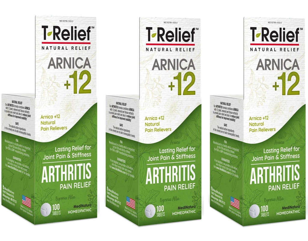 T-Relief Extra Strength Arthritis Pain Reliever Arnica +12 Natural Medicines for Joint Soreness Stiffness Aches, Quick Dissolving Pain Relief för kvinnor och män - 100 tabletter (Pack of 3)