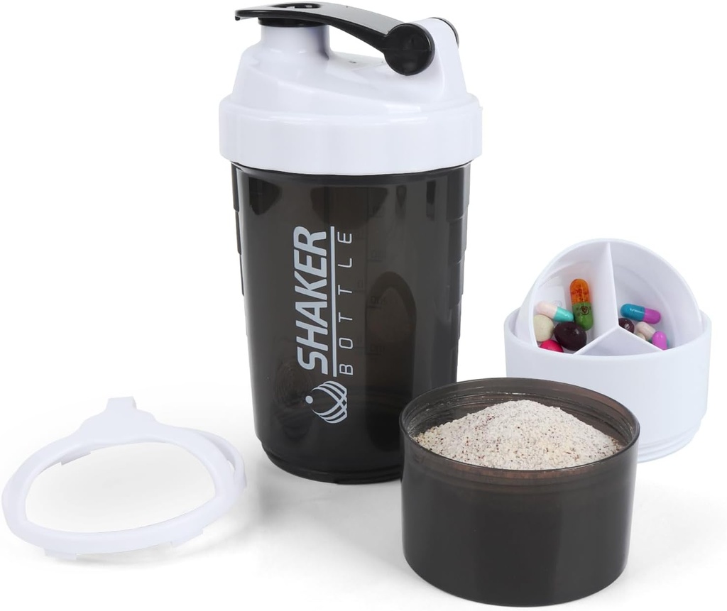 Shaker Bottle - Protein Shaker Cup med lagringskomponenter - Leak-proof Workout Shake Bottles med Mixer för Smooth Mixing-500ML/16oz (WHITE & BLACK)