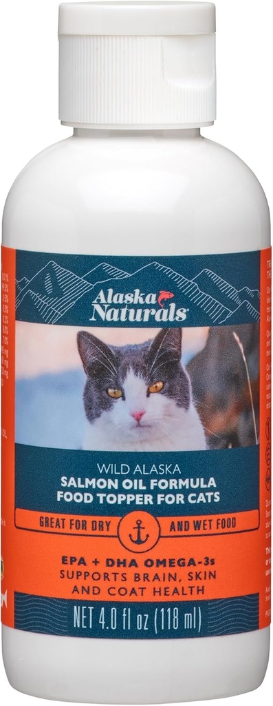 Alaska Naturals - Wild Alaska Salmon Oil Formula Cat Food Topper - EPA och DHA Omega-3 - Tillskott för katter hälsosam hud, Shiny Coat - Tillverkad i USA - 4 oz Bottle