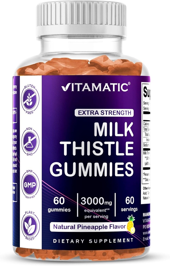 Vitamatic Milk Thistle Gummies- 10000 mg Equivalent Per Serving (från 50:1 Extract 200 mg) - Lever Detox & Anti Oxidant Health - Min. 80% Silymarin Flavonoids - 60 Pectin Based Gummies