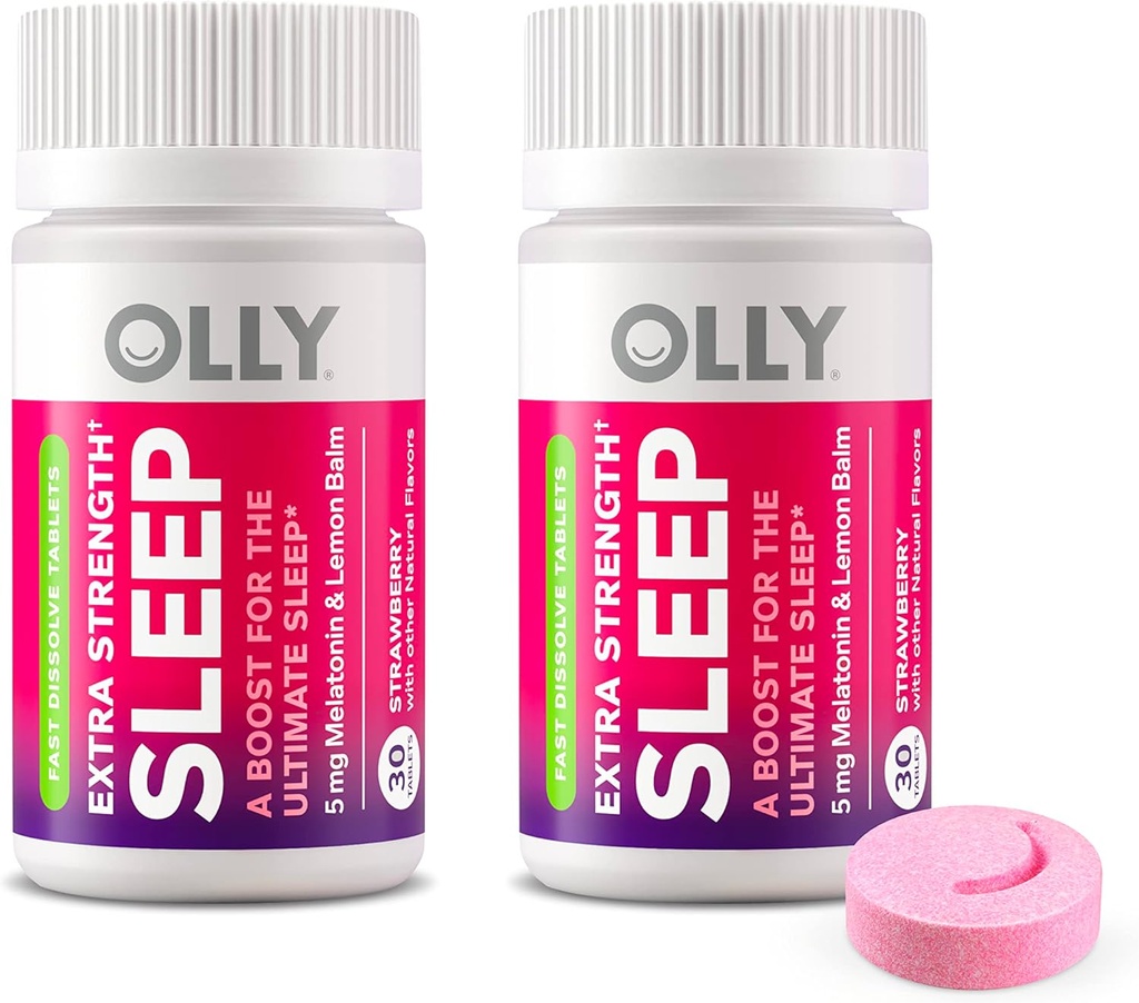 OLLY extra styrka sova snabbt lösa tabletter, 5 mg Melatonin, Vegan, jordgubbe - 60ct