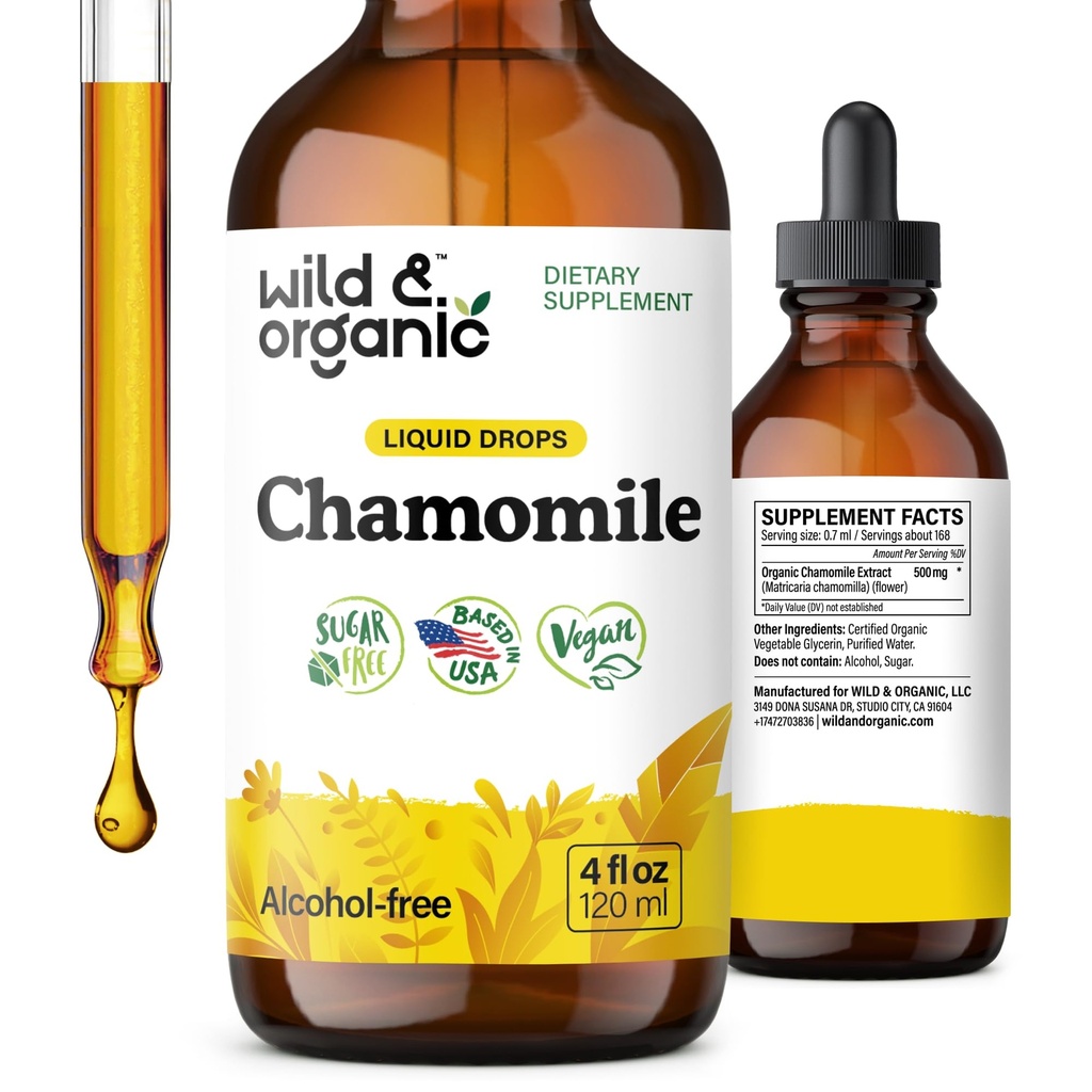 Wild & Organic Chamomile Flowers Tincture - Kalmeringstillskott för avkoppling - Chamomile Extract Liquid Drops - Vegan, Sugar & Alkoholfri - 4 fl oz