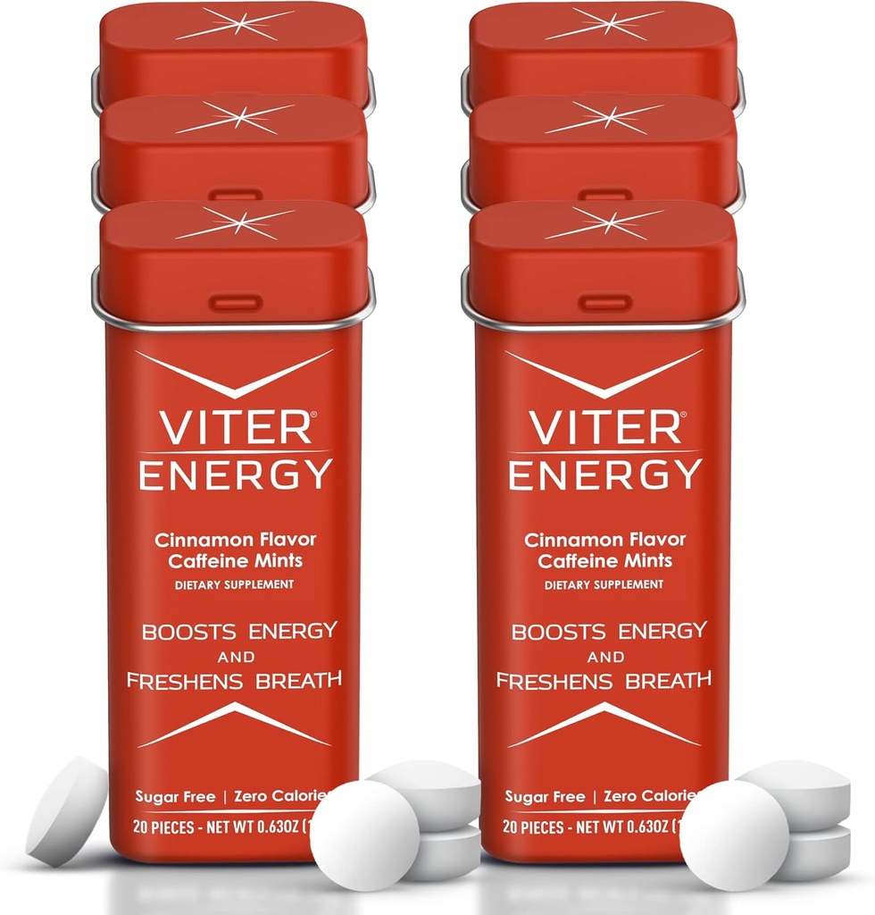 Viter Energy Caffeine Mints (120 Pieces) - 40mg Koffein, Sugar Free, Vegan, B Vitaminer Komplex, Energitillskott Koffeinpiller (Cinnamon, 6 Pack)