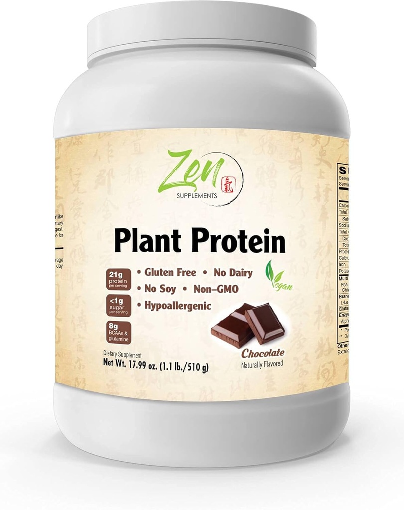 Zen Supplements - Plant Protein-Chocolate 510G 1.1LB -Powder - 23 Gram Protein Per Serving -Vegan, Low Net Carbs, Non Dairy, Gluten Free, Lactose Free, No Sugar Added, Soy Free, Kosher, Non-GMO