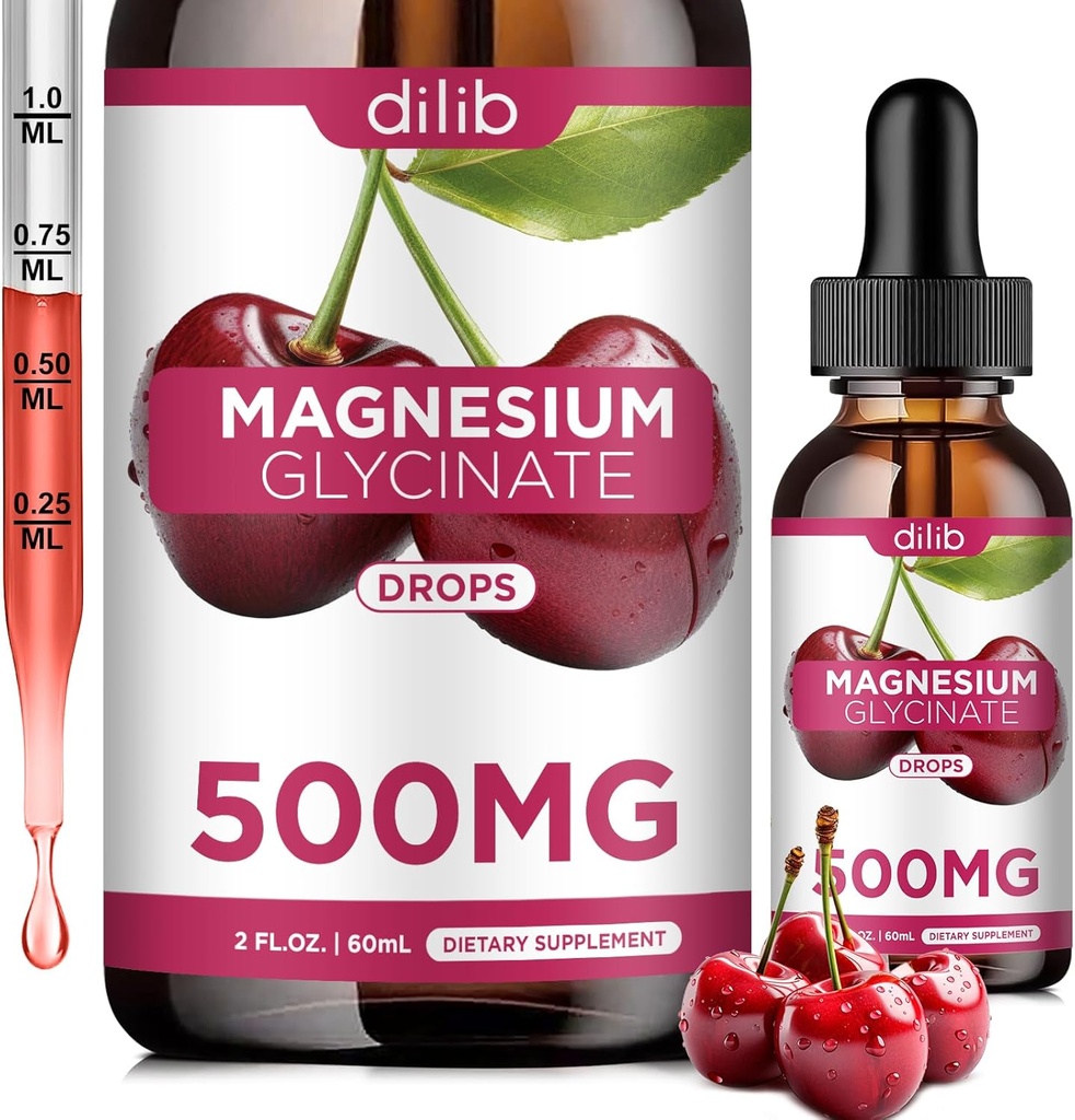 Magnesium Glycinate Supplement, Magnesium Glycinate Liquid Drops 500mg med Calcium, Zink, Vitamin B6, D3, L-Theanine, Omega 3 för sömn, humör, stressavlastning, ben, muskel, körsbär smak