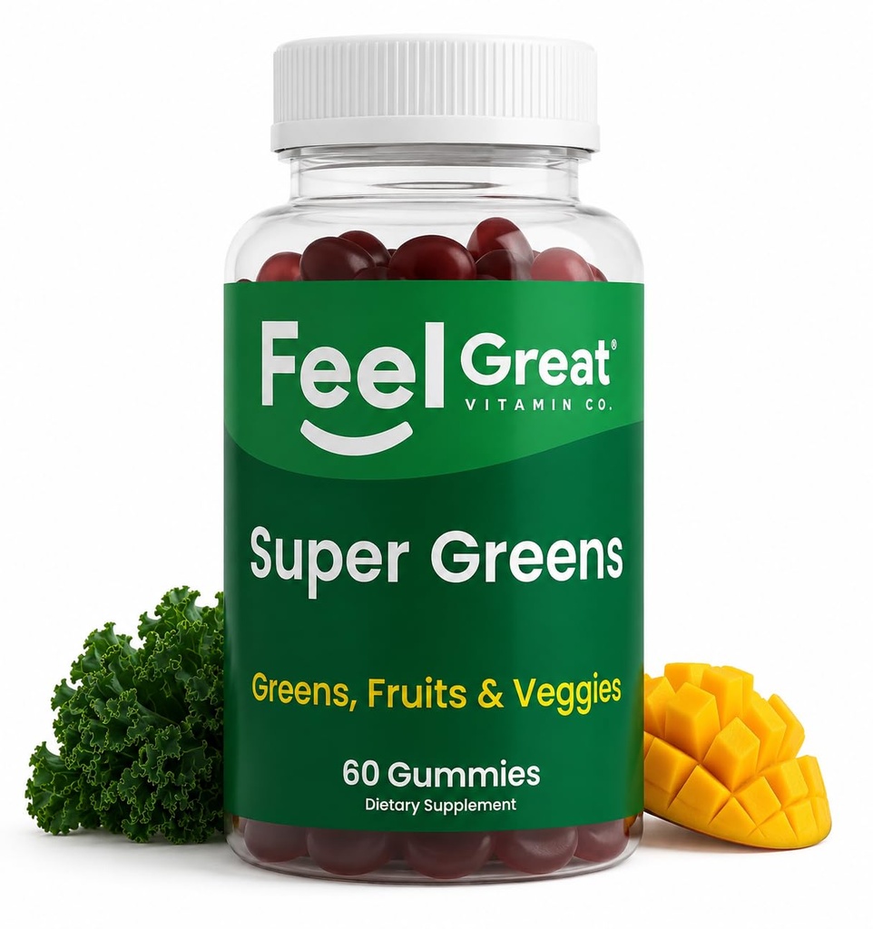 Super Greens Gummies - Gröna Superfoods Supplement med Spinach, Broccoli, Kale, Beet Root, Elderberry för immunitetssupport - Frukt och grönsakstillskott - Vattenmelon smak, 60 Gummies