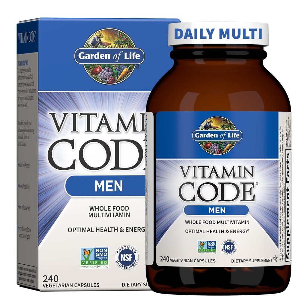 Garden of Life Vitamin Code Whole Food Multivitamin för män - 240 kapslar, vitaminer för män, frukt Veggie Blend och probiotika för energi, hjärta, prostata hälsa, vegetariska mäns multivitaminer