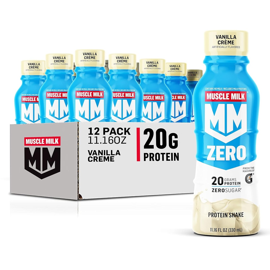 Muskelmjölk Zero Protein Shake, Vanilla Crème, 20g Protein, Zero Sugar, 100 kalorier, Calcium, vitamin A, C & D, 4g Fiber, Energizing Snack, Workout Recovery, Packaging May Vary 11.16 Fl Oz (Pack av 12)