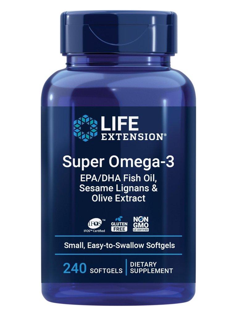 Life Extension Super Omega-3 EPA / DHA Fish Oil, Sesam Lignans & Olivextrakt - Hjärthälsa, Hjärnhälsa, Inflammation Health Support, Gluten-Free, Lätt att Svälja, Icke-GMO, 240 Softgels