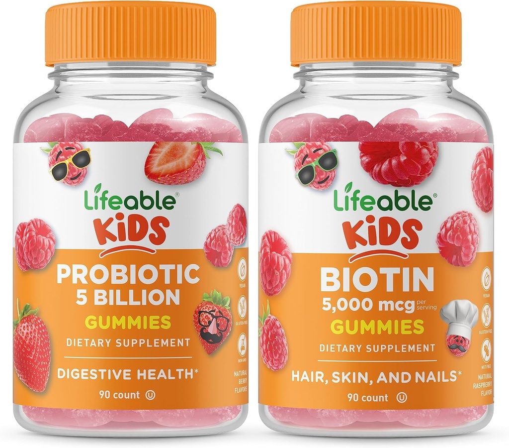 Livlig probiotika 5 miljarder barn + Biotin Kids, Gummies Bundle - Stor smak, vitamintillskott, Gluten Free, GMO Free, Chewable Gummy