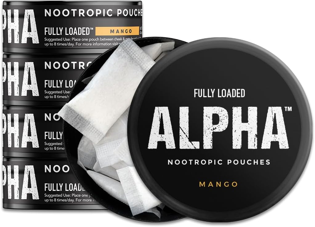 Fullt Loaded Alpha Nootropic Pouches (Mango) - 5 Cans - 15 påsar per burk - Effektiv Nootropic Delivery, Nic Pouch Replacement - Snabbare Absorption, Alpha GPC, L-Tyrosine, GABA