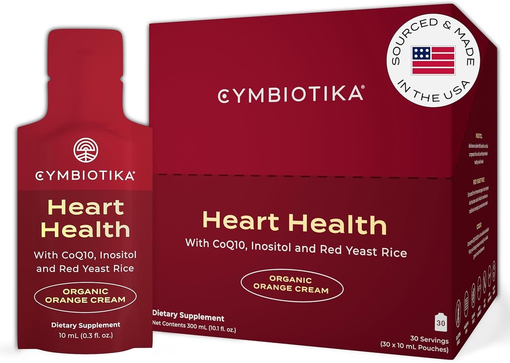 CYMBIOTIKA Heart Health Supplement med CoQ10, Red Yeast Rice & Inositol, Gluten Free Supplements för att stödja cirkulation och åldrande, organisk orange Cream smak, 30 Pack